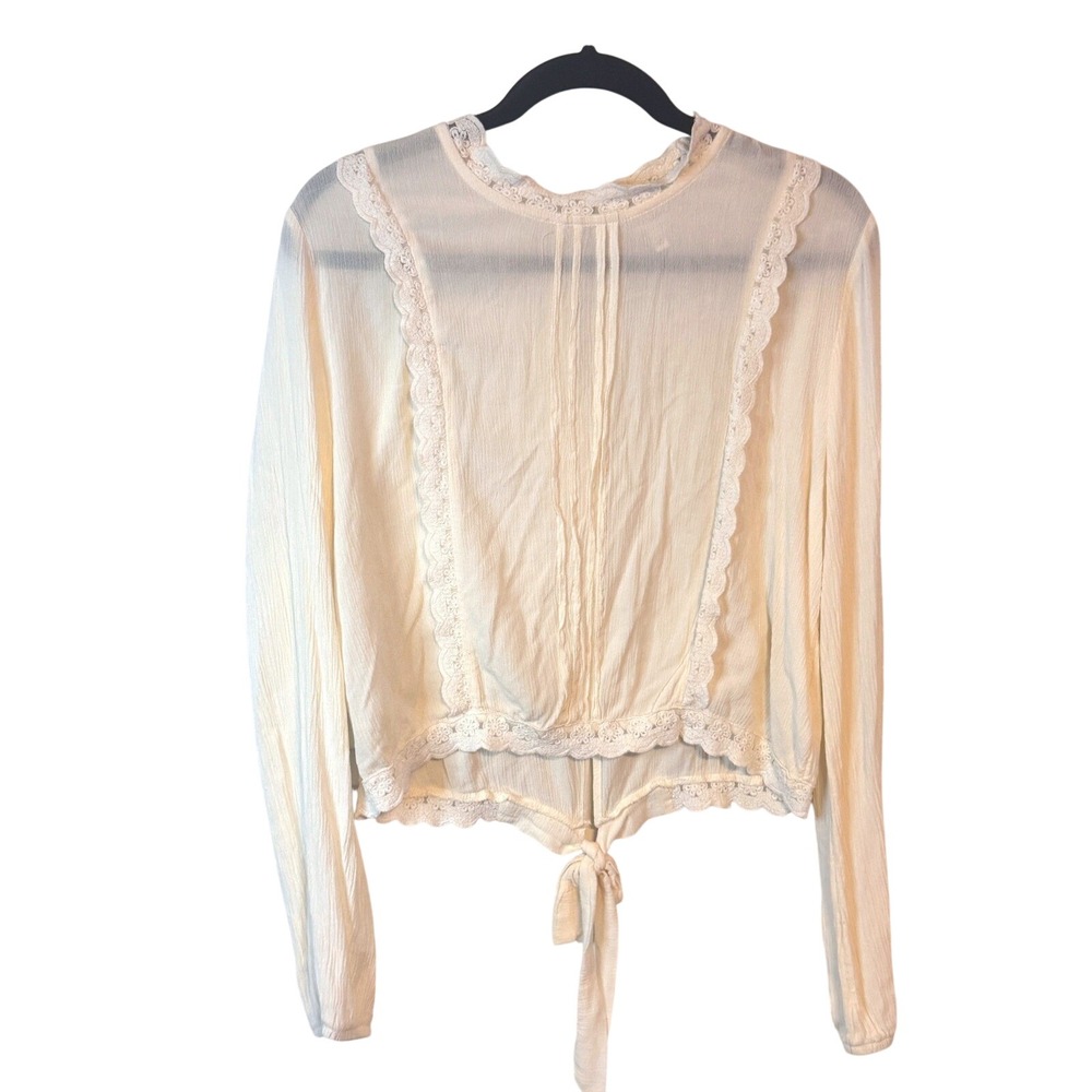 Self Esteem Blouse Lace Trim Tie Front XL Cream Womens Boho Peasant Top
